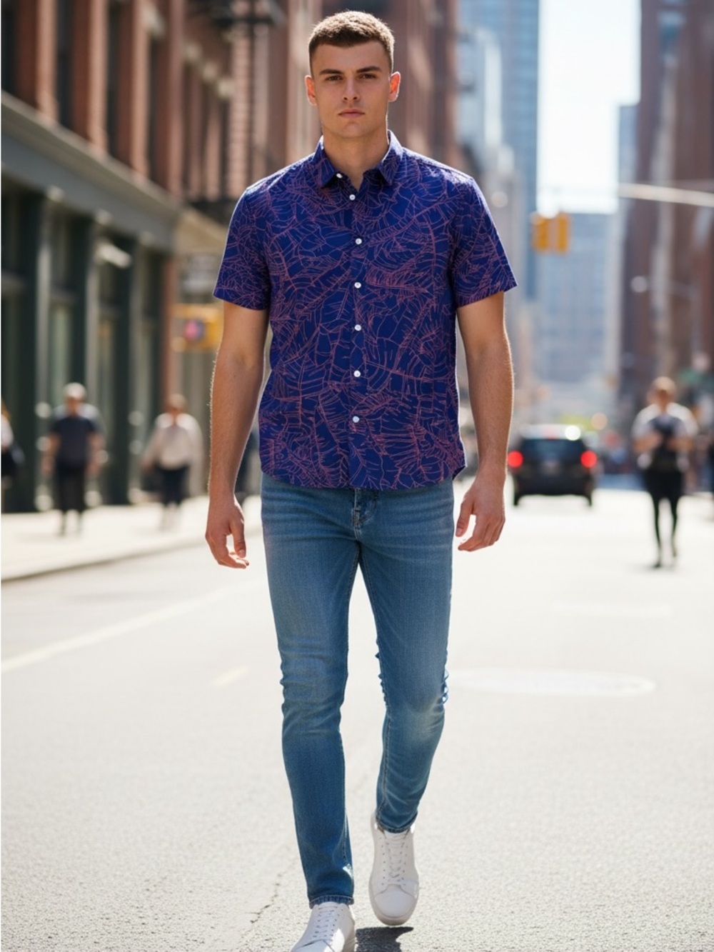 Banana Republic Short-Sleeve Button-Down Shirt in Navy with Red Leaf Print